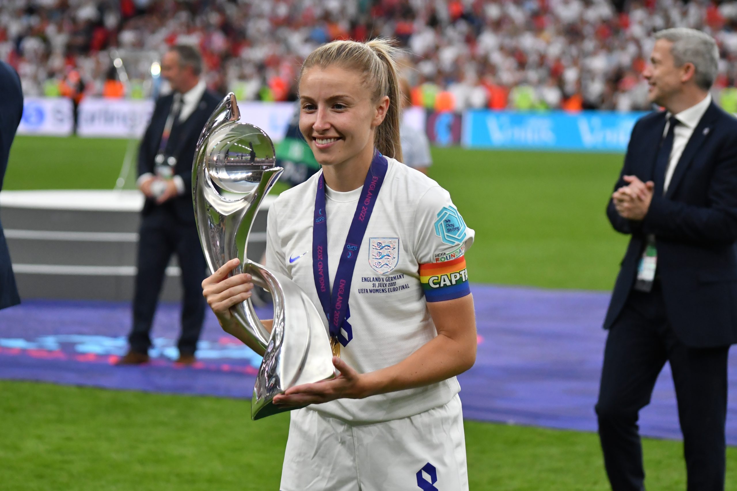 Women's EURO 2022 England Captain with tournament trophy